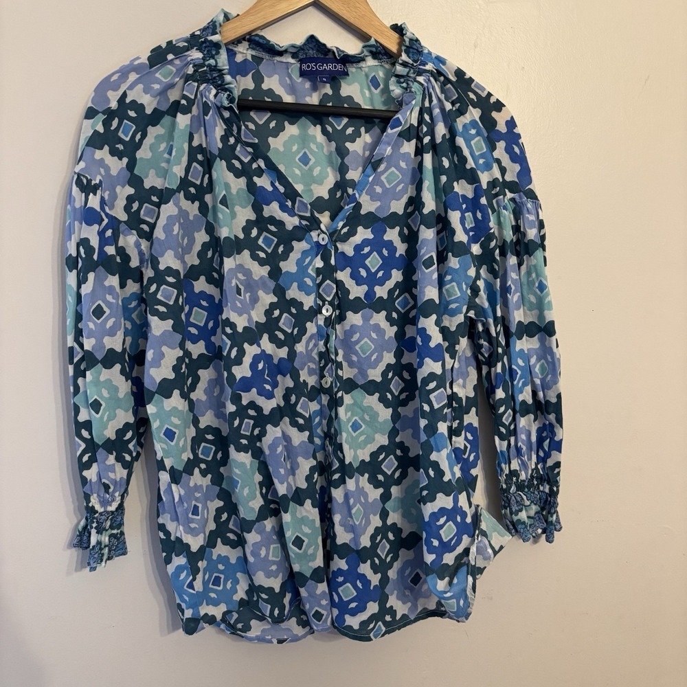 Ro's Garden Women's Blue Printed Cotton Blouse Button‎ Front 3/4 Sleeves S $135